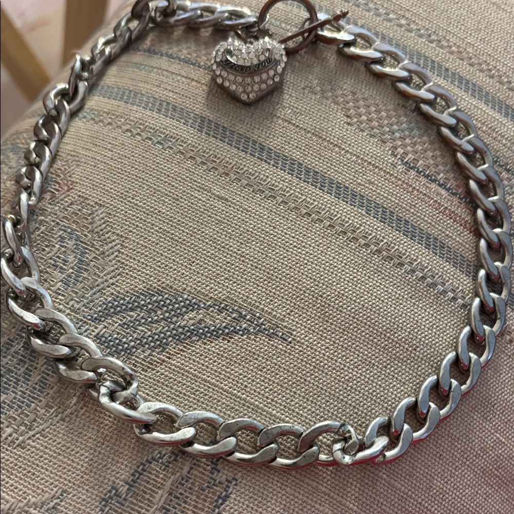 Heavy Silver tone I love you Heart Pendant Chain Necklace